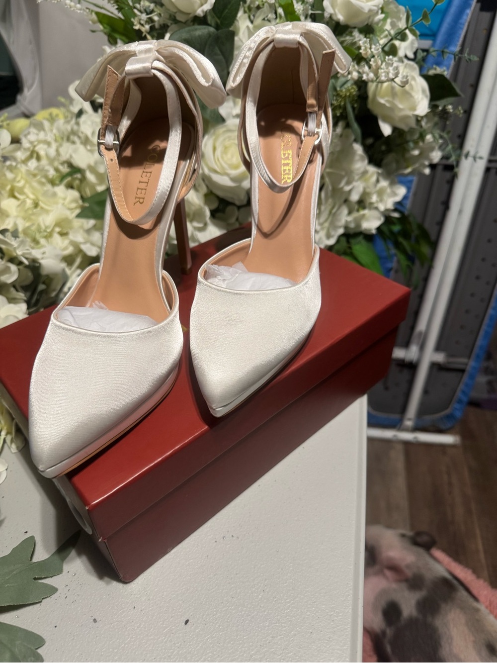 Satin Pointed-Toe Ankle-Tie Heels in Ivory